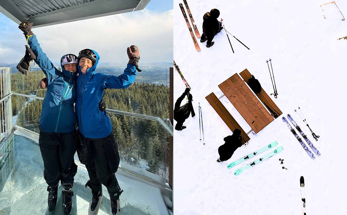 A split lifestyle image showing two people jumping excitedly on a glass observatory deck at the ski resort, alongside an overhead view of their skis, poles, boots, and gloves scattered on the snow below.