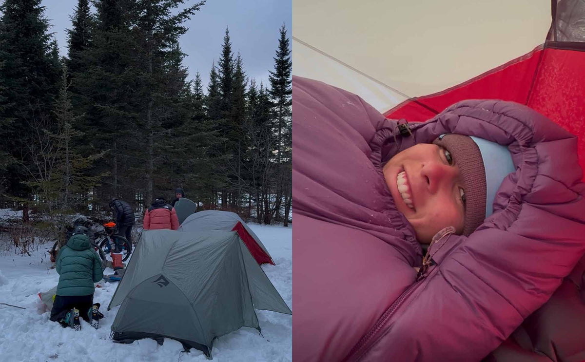 A split-screen lifestyle image showing outdoor camping scenes: on the left, a gray and red tent pitched in the snow with people nearby among evergreen trees; on the right, a smiling person lying inside a pink sleeping bag or tent interior.